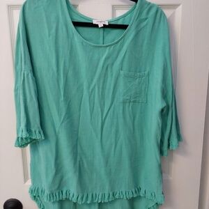 Umgee Teal Fringe Hem Long Sleeve  Top